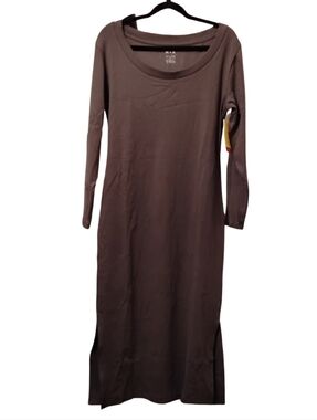 Grey Cotton Midi Dress Long Sleeve Ribbed Size M NWT